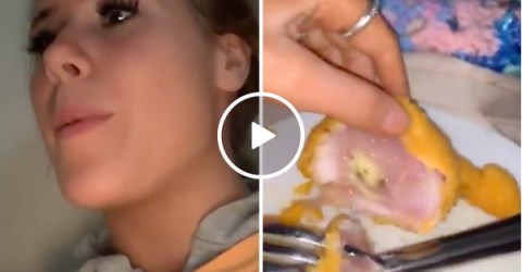 Clueless girls eat raw Chicken Kiev, and enjoy that salmonella! (Video)
