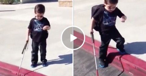 4-year old Gavin learns to navigate down a curb on his own (Video)
