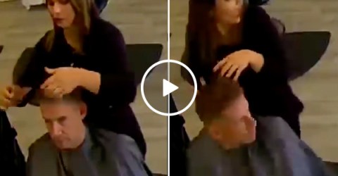 A casual haircut turned into a wild surprise by unexpected visitor (Video)