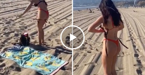 Changing a bikini on a beach requires a particular set of sexy skills (Video)