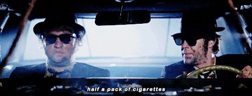 the blues brothers half a pack of cigarettes It's 106 miles to Chicago, we got full tank gas, of cigarettes, it's dark... and we're wearing sunglasses. -The 106 MILES TO CHICAGO" Sticker