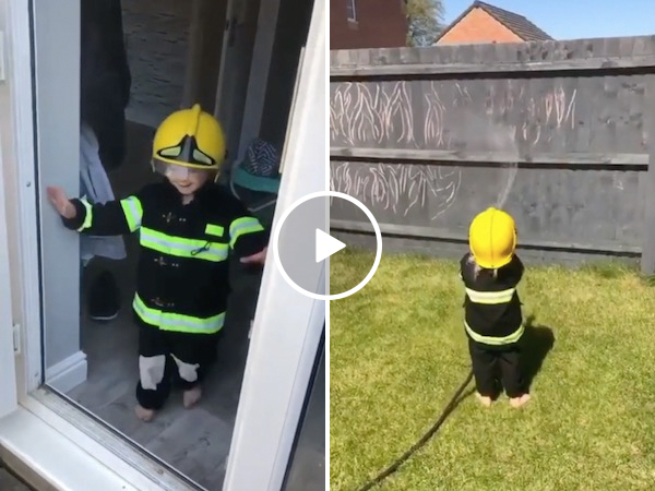 Adorable toddler is training to be a firefighter like his dad (Video)