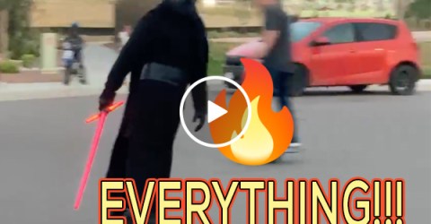 Kylo Ren rolls in on a hoverboard when his Death Star breaks down