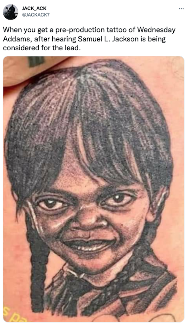 Wednesday Addams tattoo meant to depict Jenna Ortega goes viral for Samuel  L Jackson resemblance  Daily Mail Online