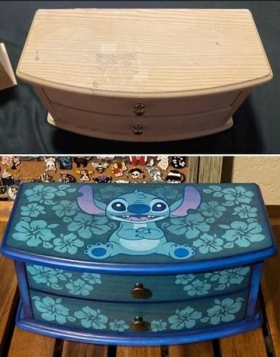 I upcycled this plain, dated jewelry box I thrifted into something more  fun! I themed it with Stitch because it includes a music box mechanism that  plays “Teddy Bear” by Elvis. 