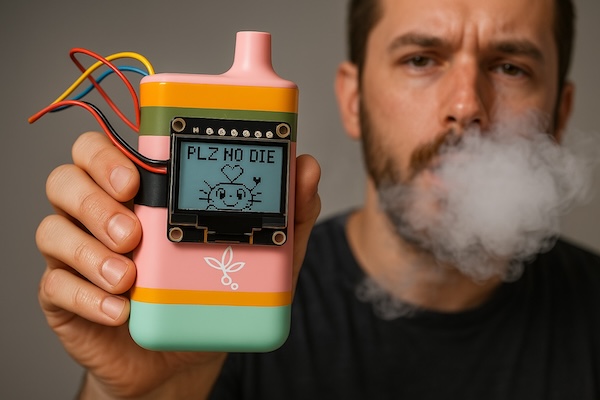 Man holdikng Vape-o-gatchi while smoking